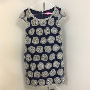 Knee-length, blue/tan sunflower dress